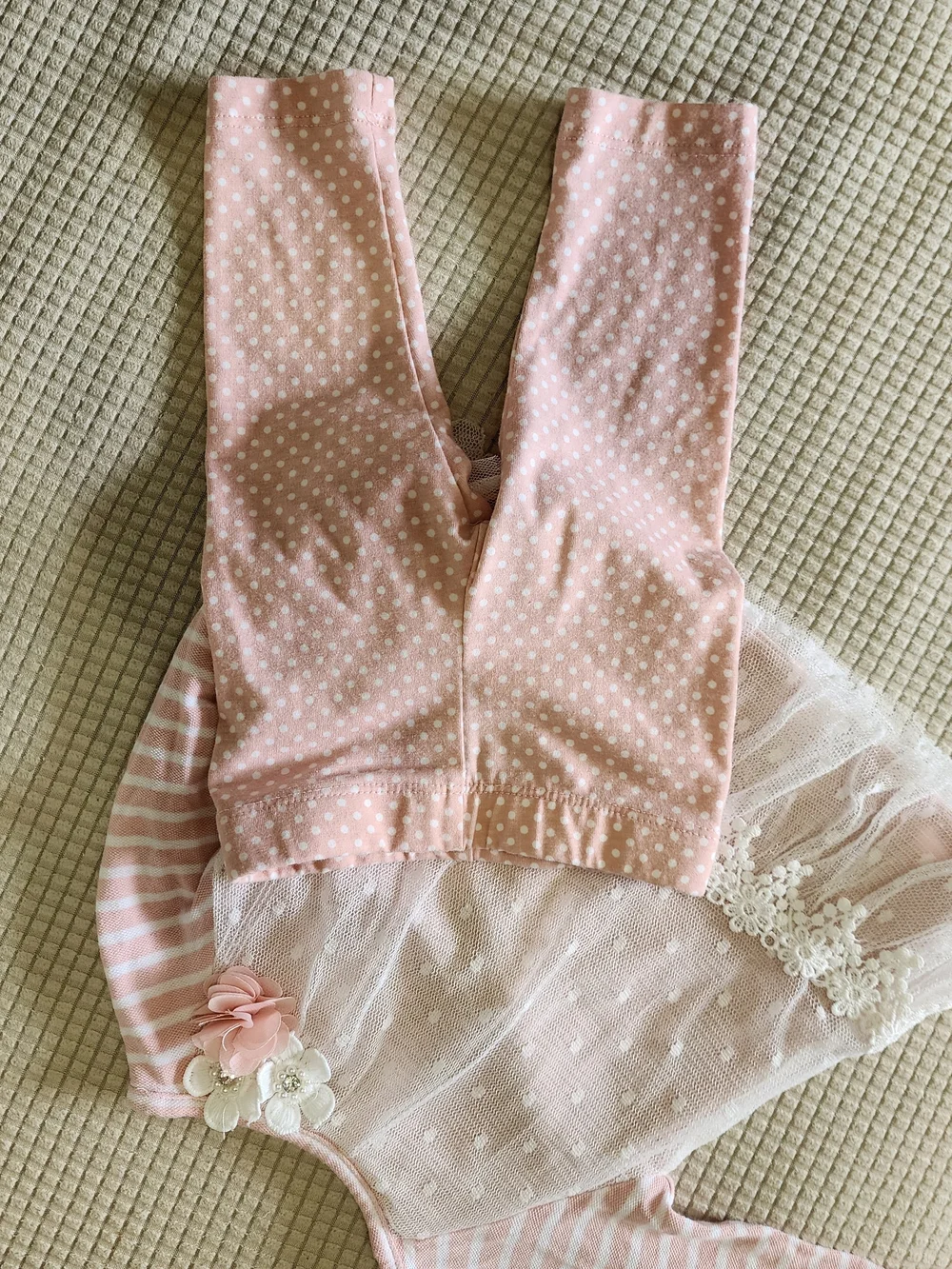 Rare Editions 3-6M Pink Floral Tulle Baby Dress & Polka Dot Leggings Set.